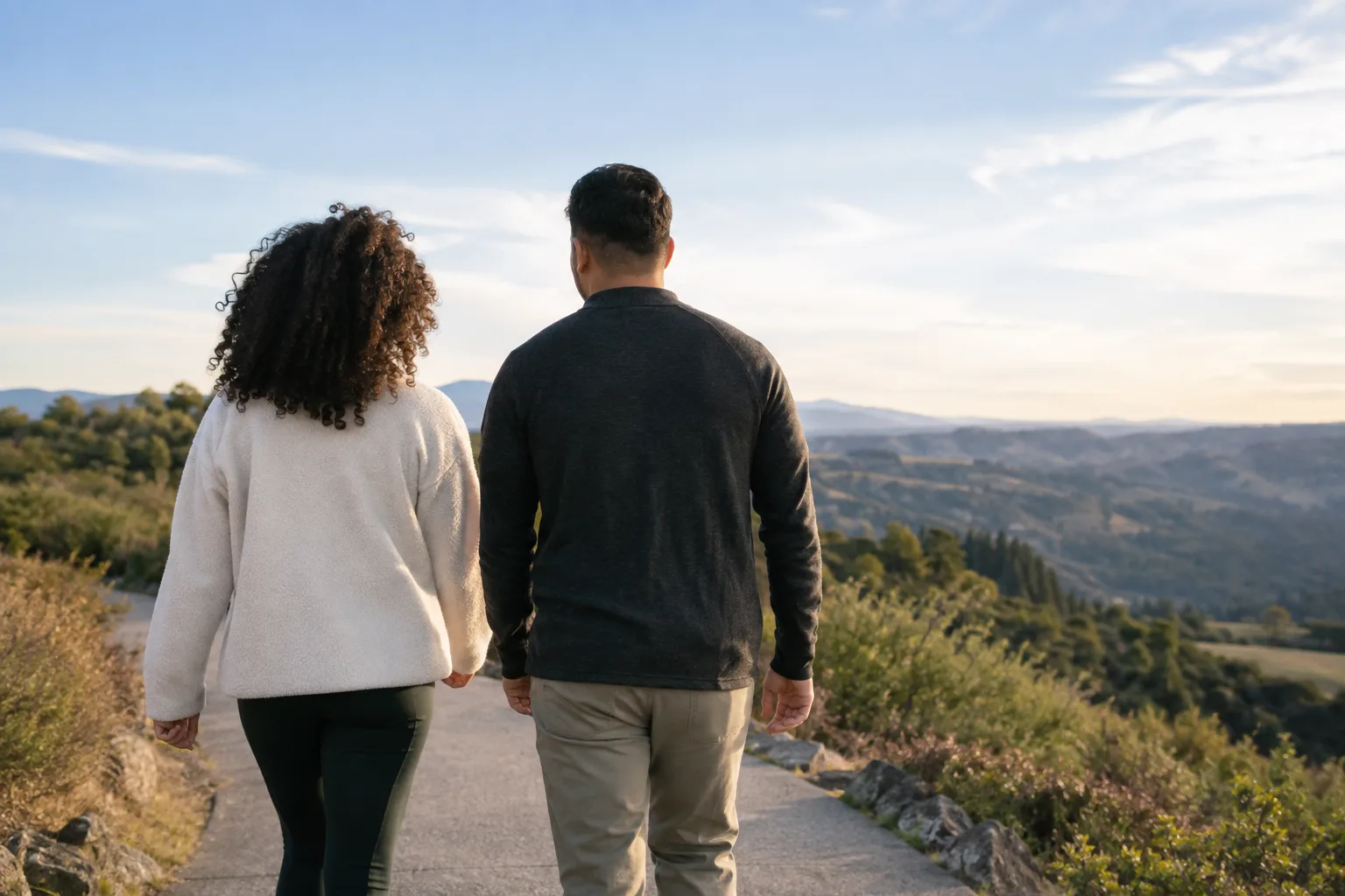 A paved path leads to a quiet overlook with rolling hills, trees, and a wide open sky.
