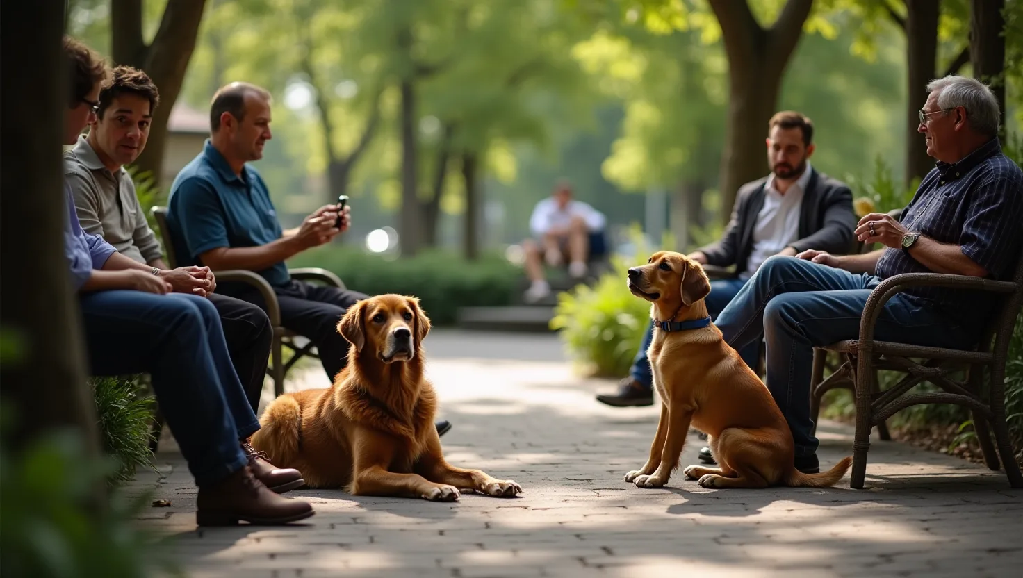 Dogs relaxing with their owners on a shaded outdoor patio beside a green neighborhood park.