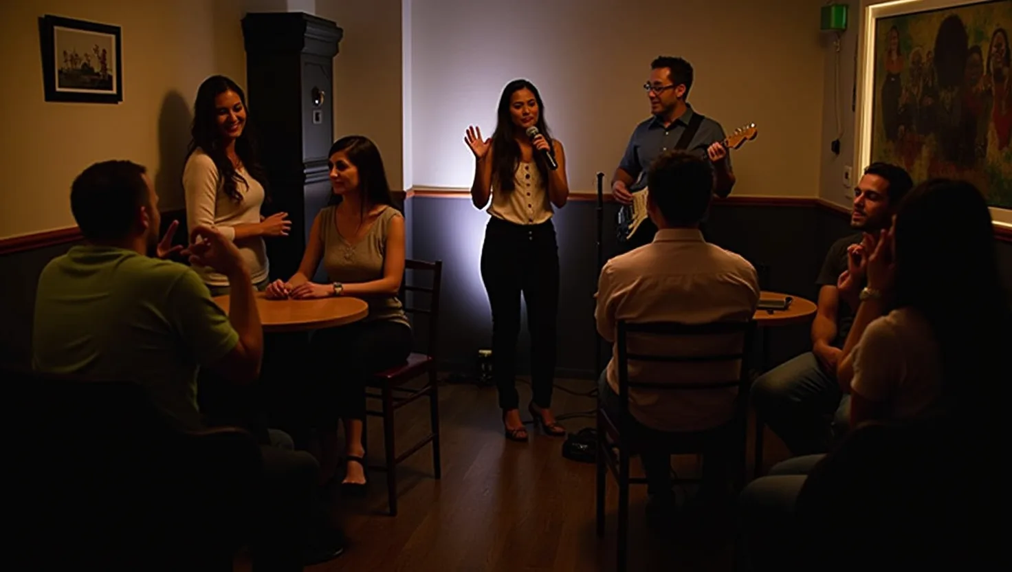 A cozy Arlington music room with a small band performing for seated guests on a relaxed weeknight.