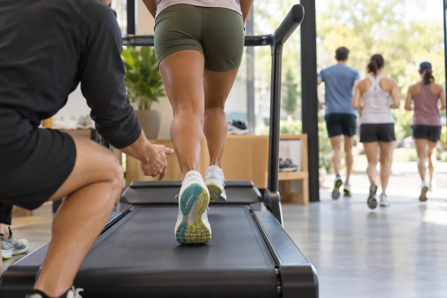 Runners test shoes on a store treadmill while a coach checks their stride and a group gathers outside for a run.