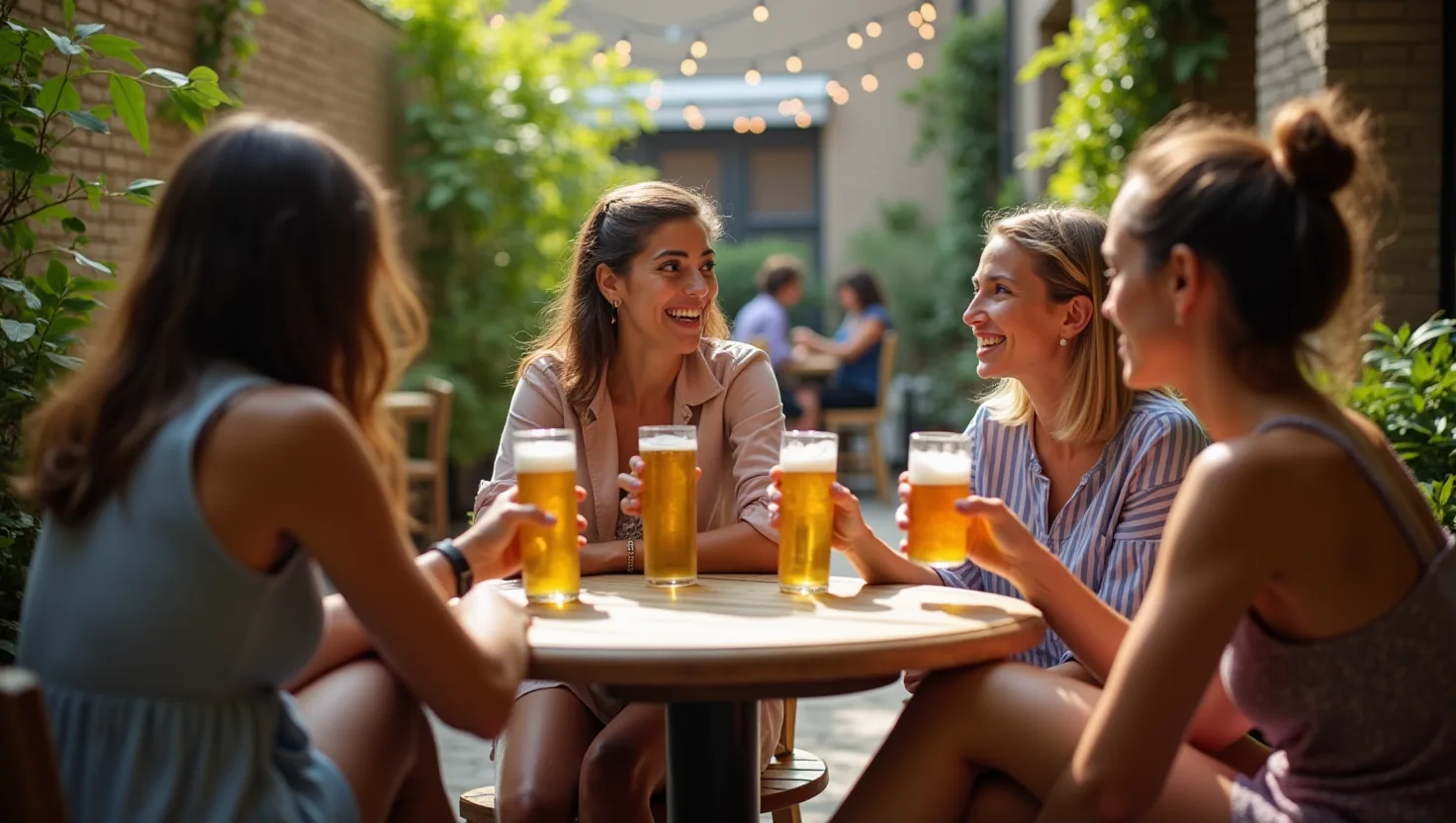 Friends enjoying cold beers at a sunny outdoor patio with leafy plants, wooden tables, and string lights.