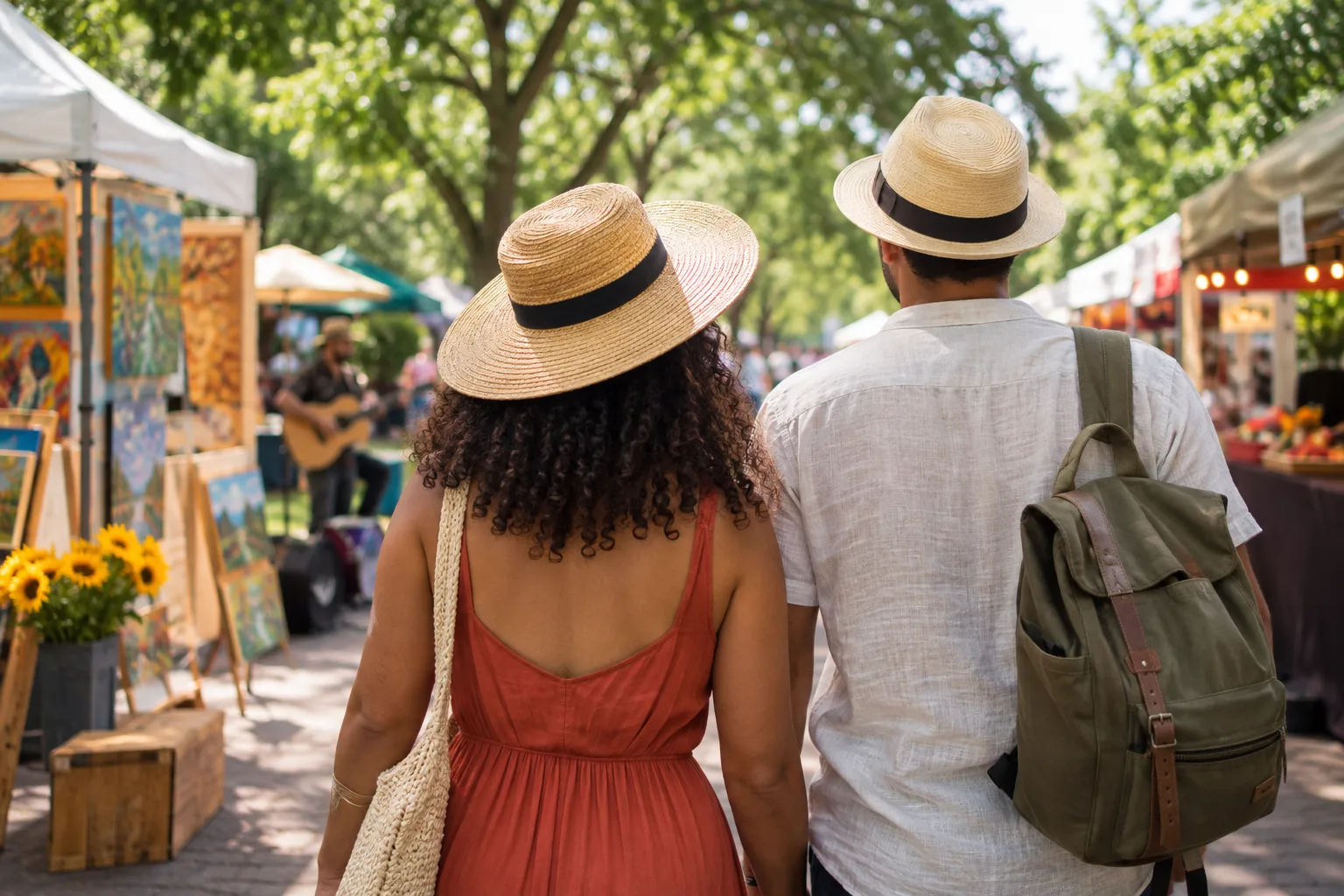 A colorful summer street festival with art booths, food stalls, musicians, and people strolling beneath leafy trees.