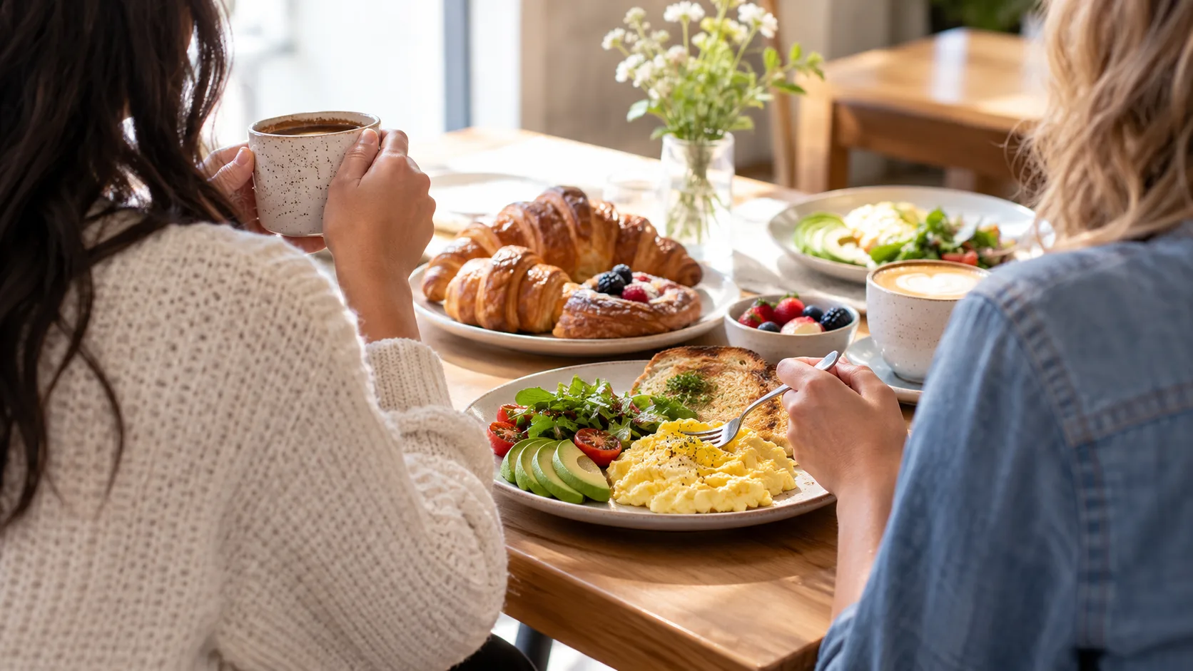 Friends sharing a leisurely brunch of eggs, pastries, and coffee in a bright neighborhood restaurant.