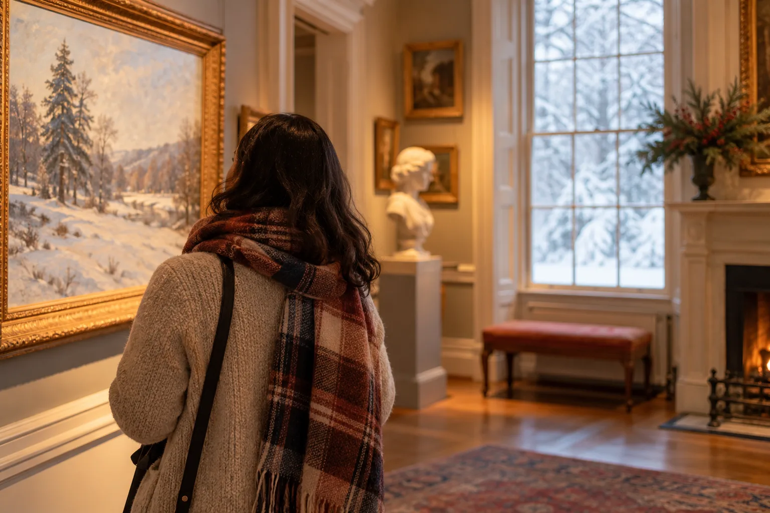 Visitors explore a warmly lit museum gallery and historic rooms on a snowy winter day.