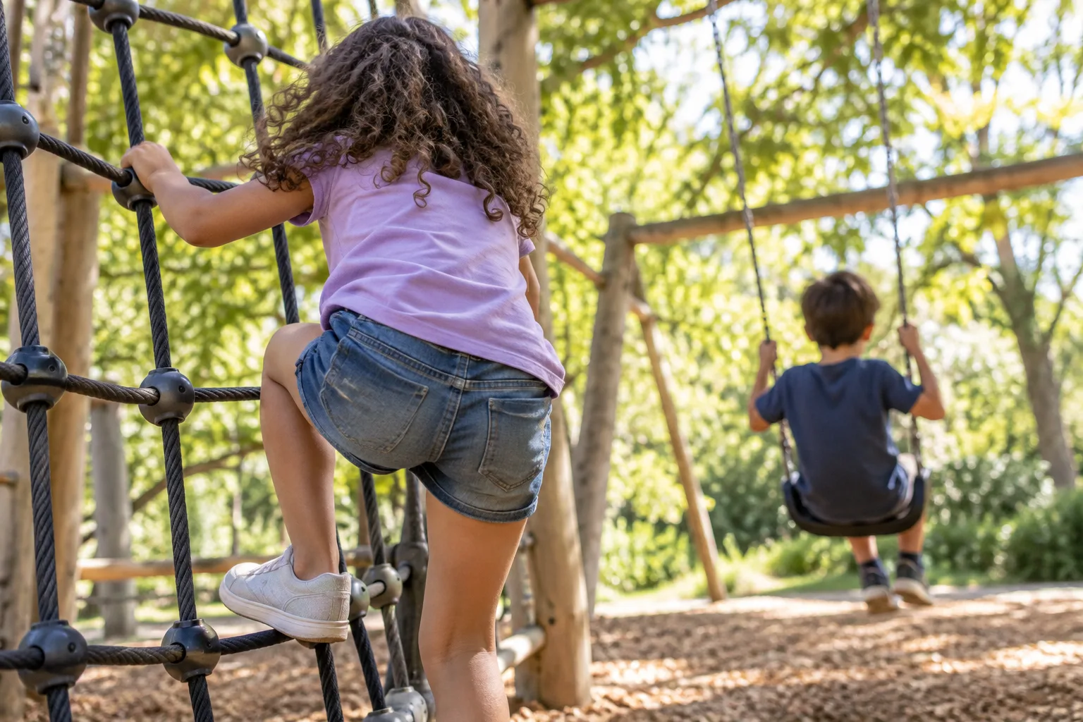 Children climbing and swinging at a lively neighborhood playground beneath leafy trees.