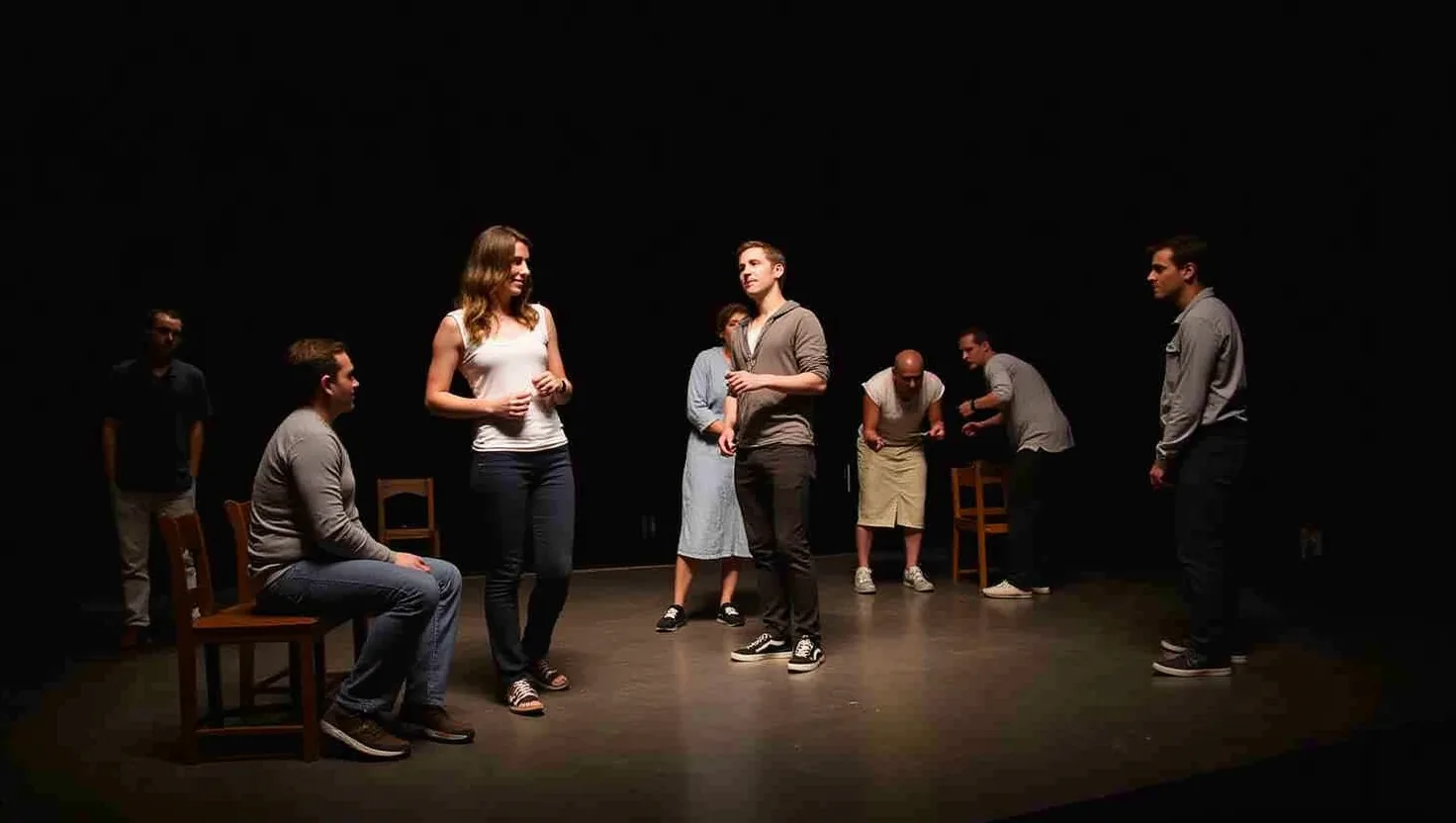 Actors perform on a small community theater stage while crew members prepare scenery and lighting.