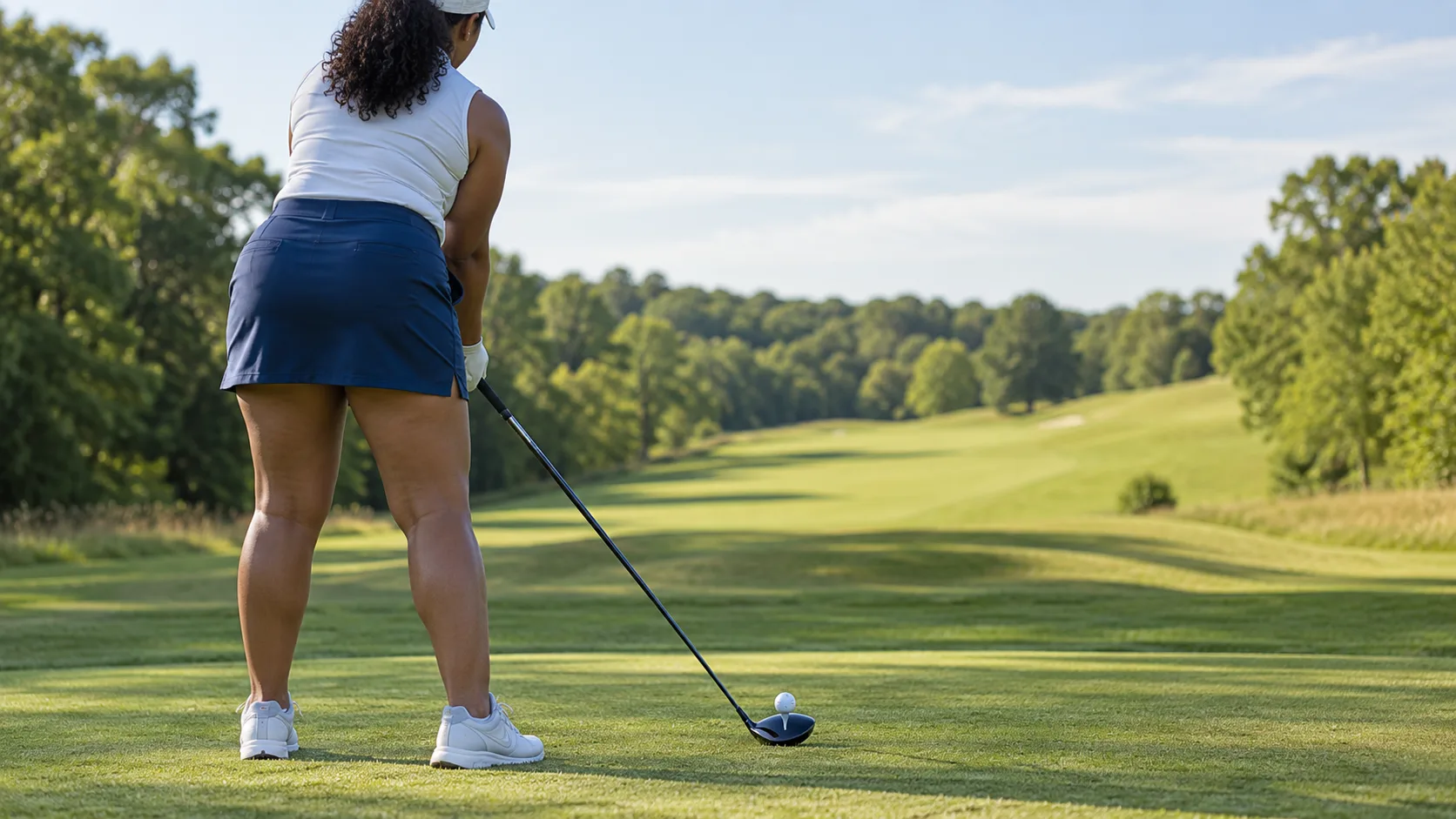 A golfer prepares to tee off on a scenic public course bordered by trees and rolling fairways.