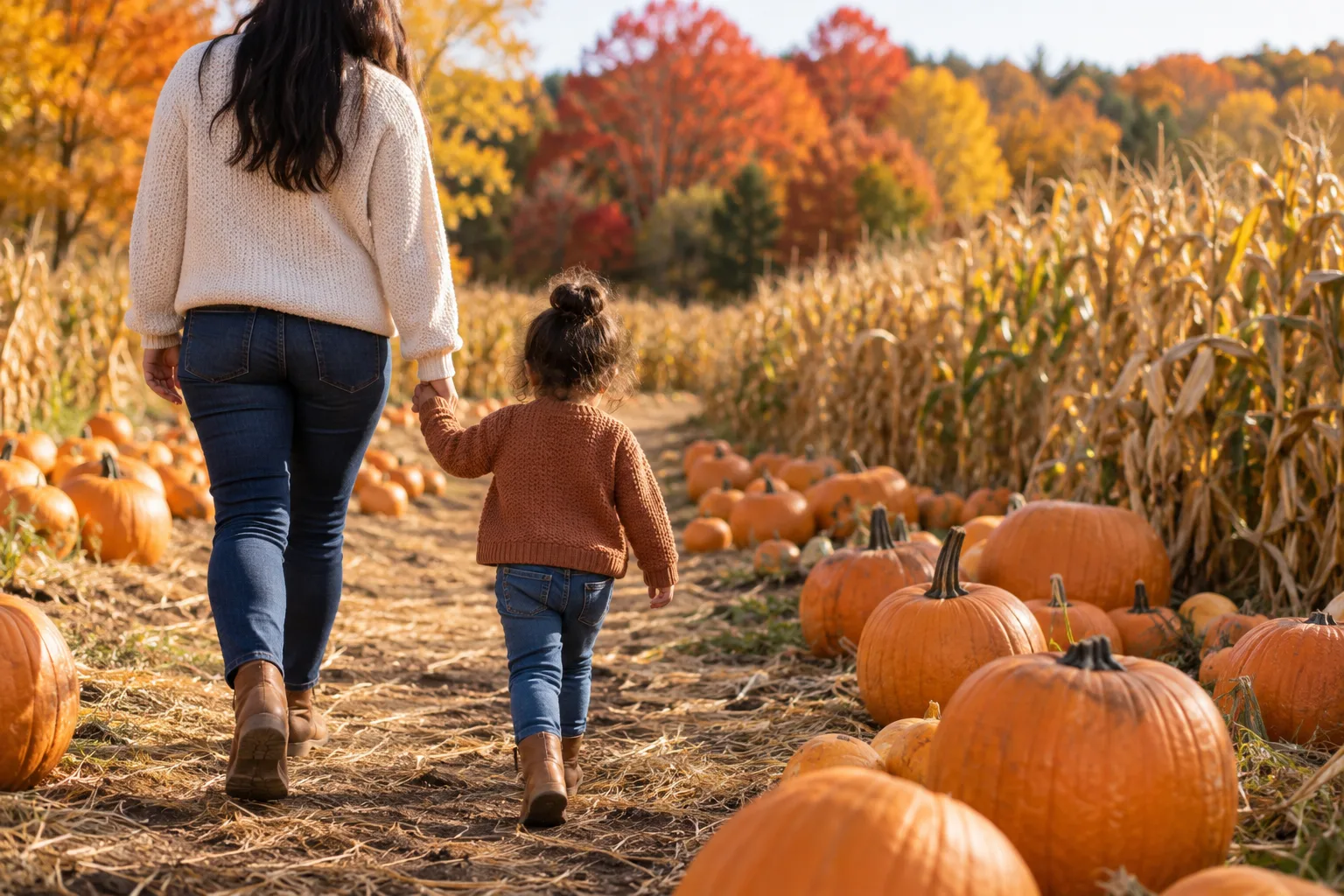 Families explore a pumpkin patch beside a winding corn maze under colorful autumn trees.