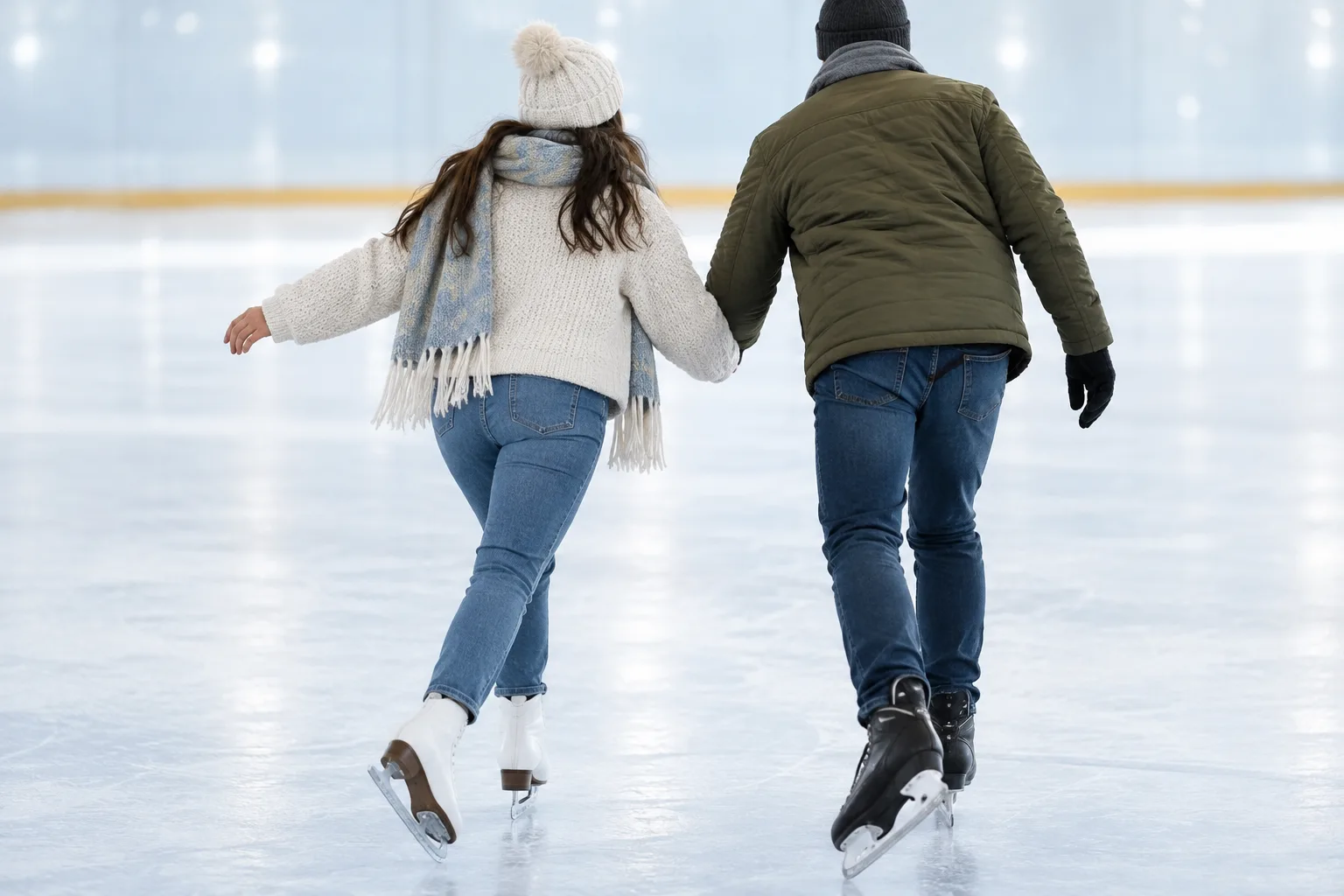 People ice skating together on a bright indoor rink during winter.
