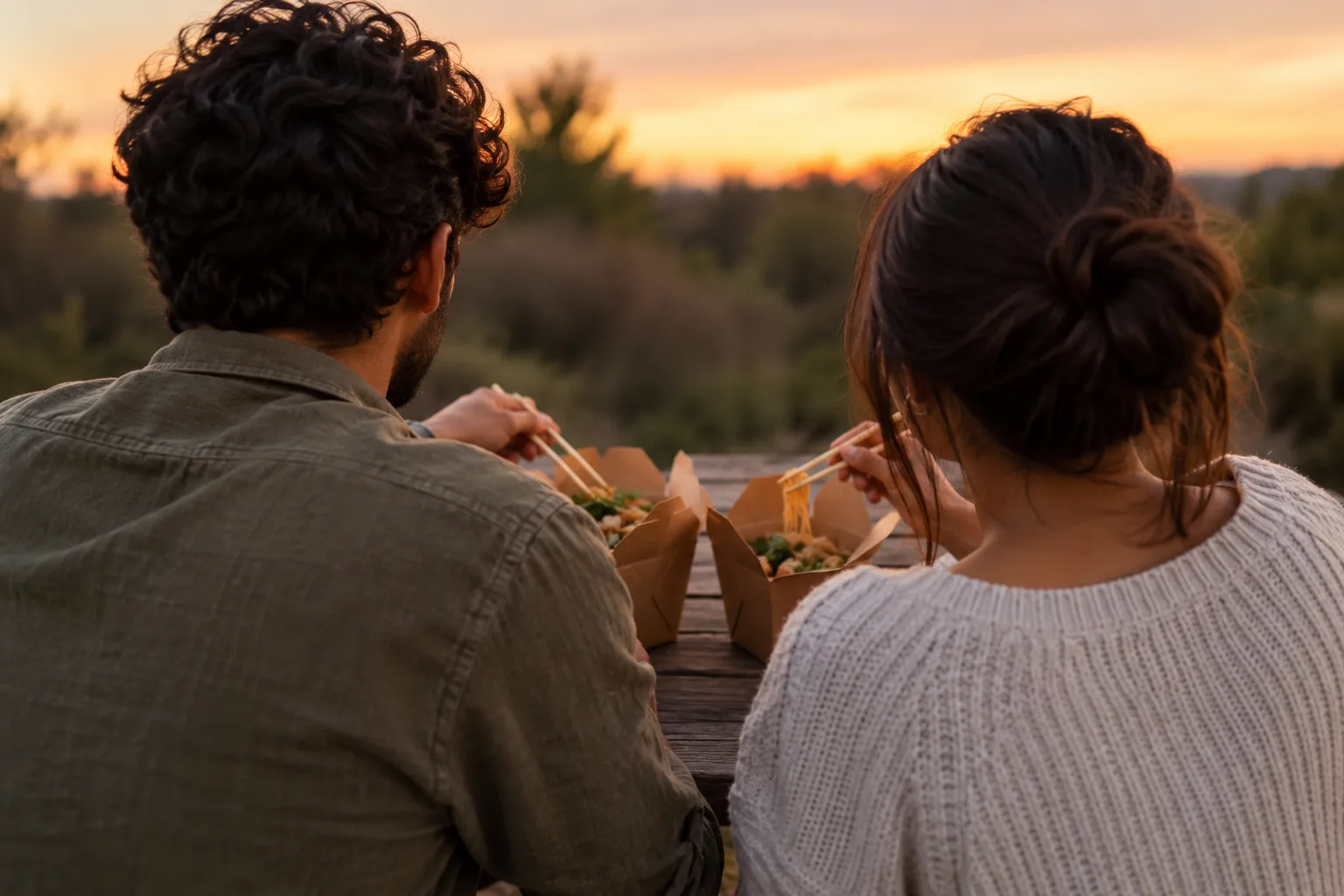 A couple shares takeout at an outdoor picnic table during a relaxed evening date.