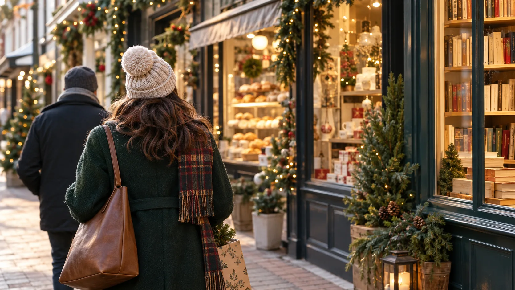 A festive local shopping street with independent gift shops, a bakery, and a cozy bookstore decorated for the holidays.