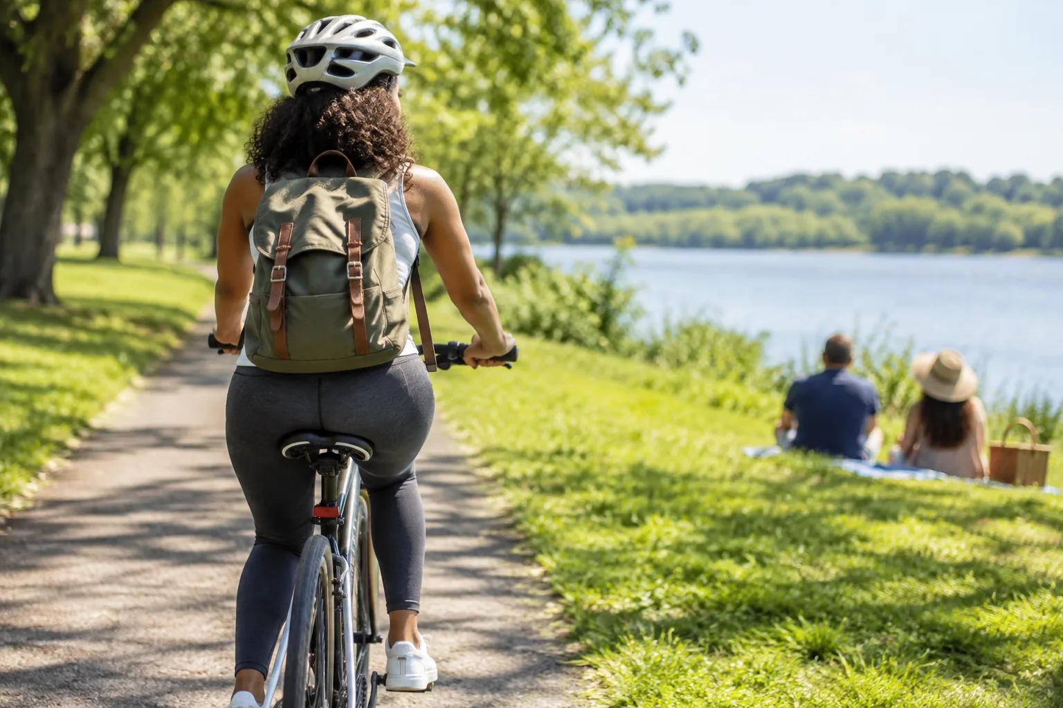 People enjoying a sunny day of walking, cycling, and picnicking along a riverside park near Washington, DC.