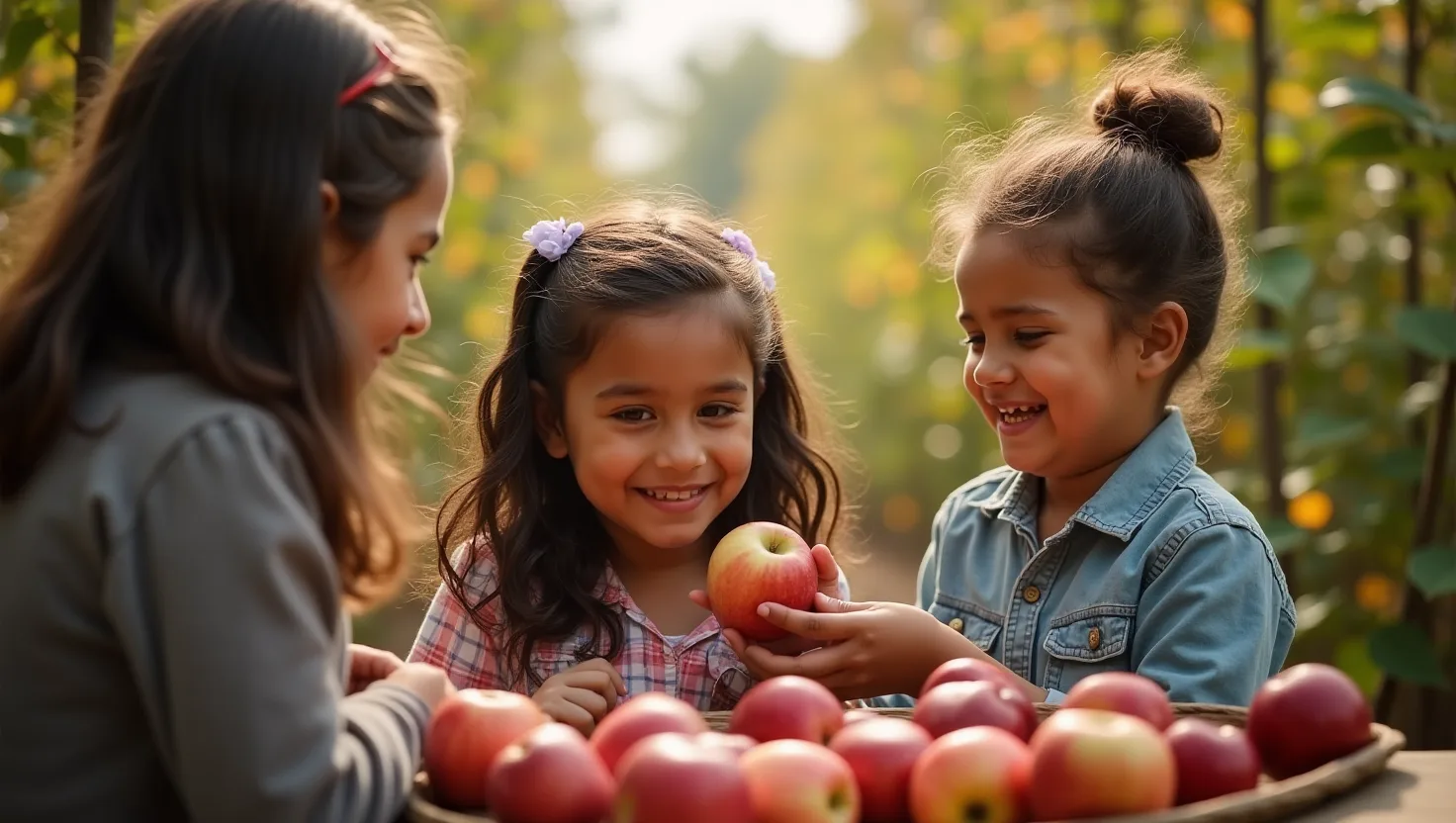 Visitors pick apples among orchard rows beside a rustic cider mill and vintage farm stalls in early autumn.