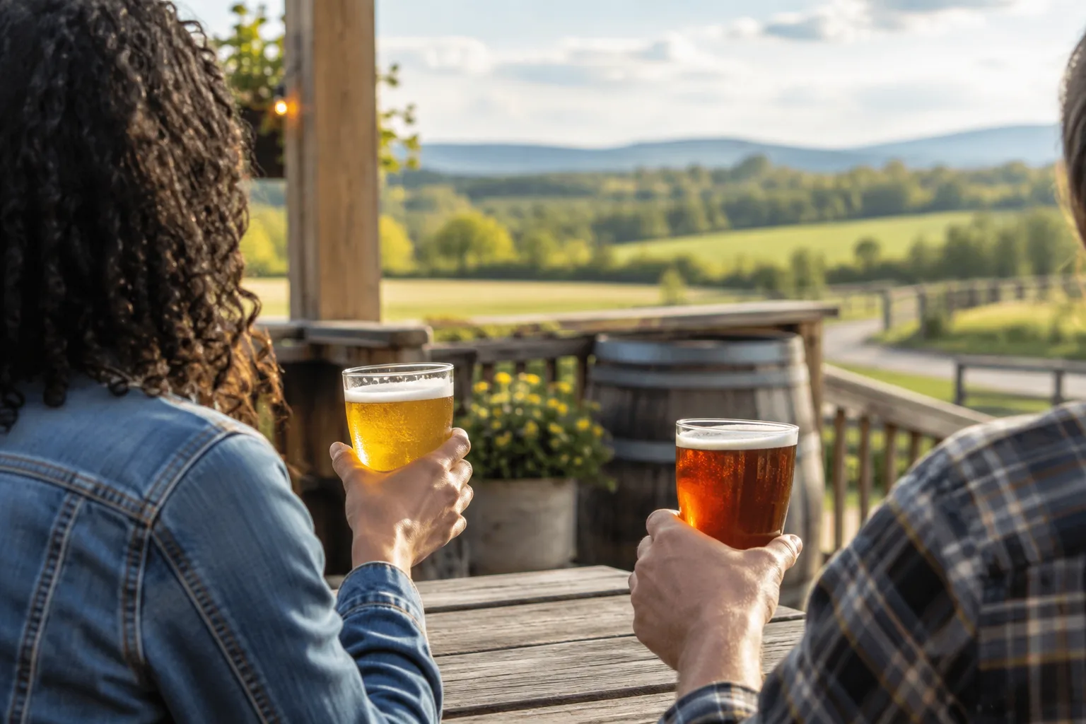 Rustic brewery taprooms and outdoor patios connected by a scenic route through Loudoun County countryside.
