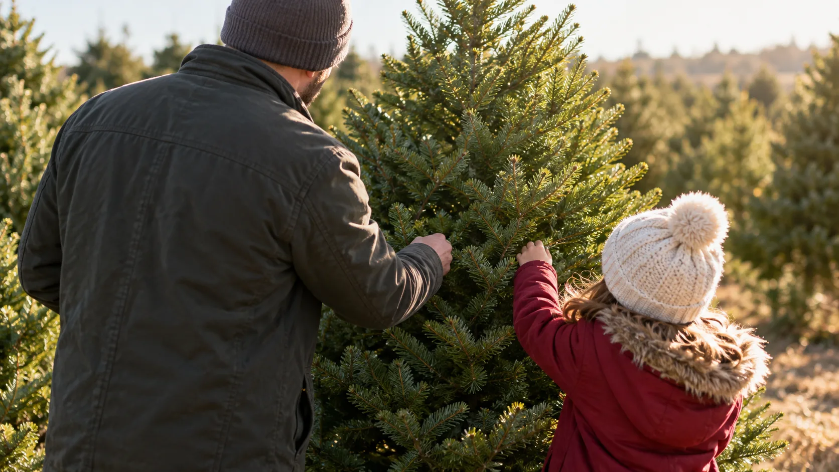 A family selects a fresh Christmas tree in a sunny field at a countryside tree farm.