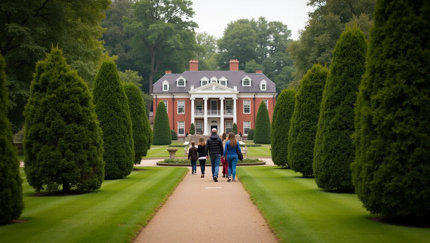 A restored historic mansion with manicured gardens, mature trees, and visitors exploring the grounds.