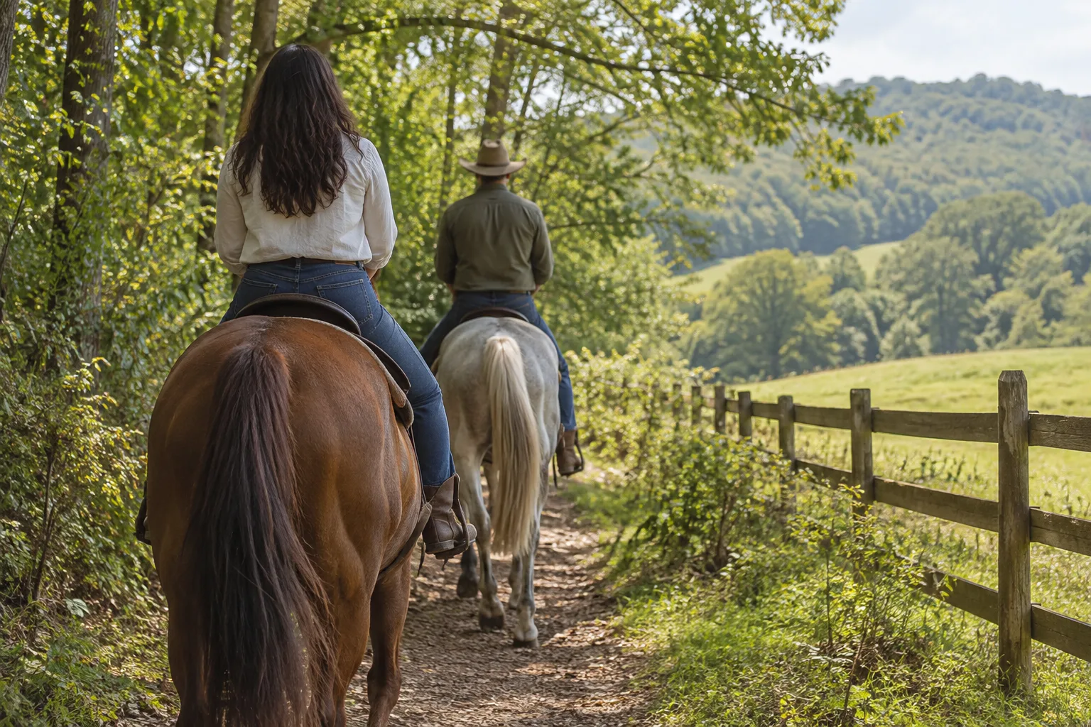 Riders on horseback follow a wooded country trail beside a fenced paddock in rolling Virginia countryside.
