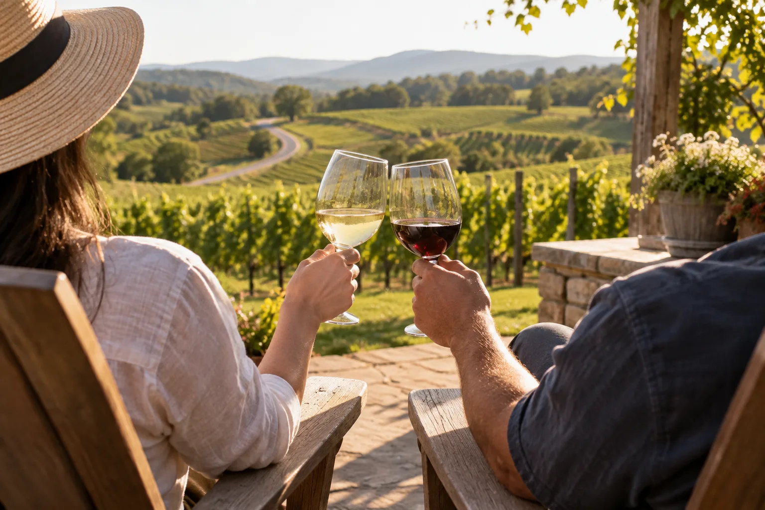 Rolling Virginia vineyards, winding country roads, and a sunlit tasting-room patio in the afternoon.