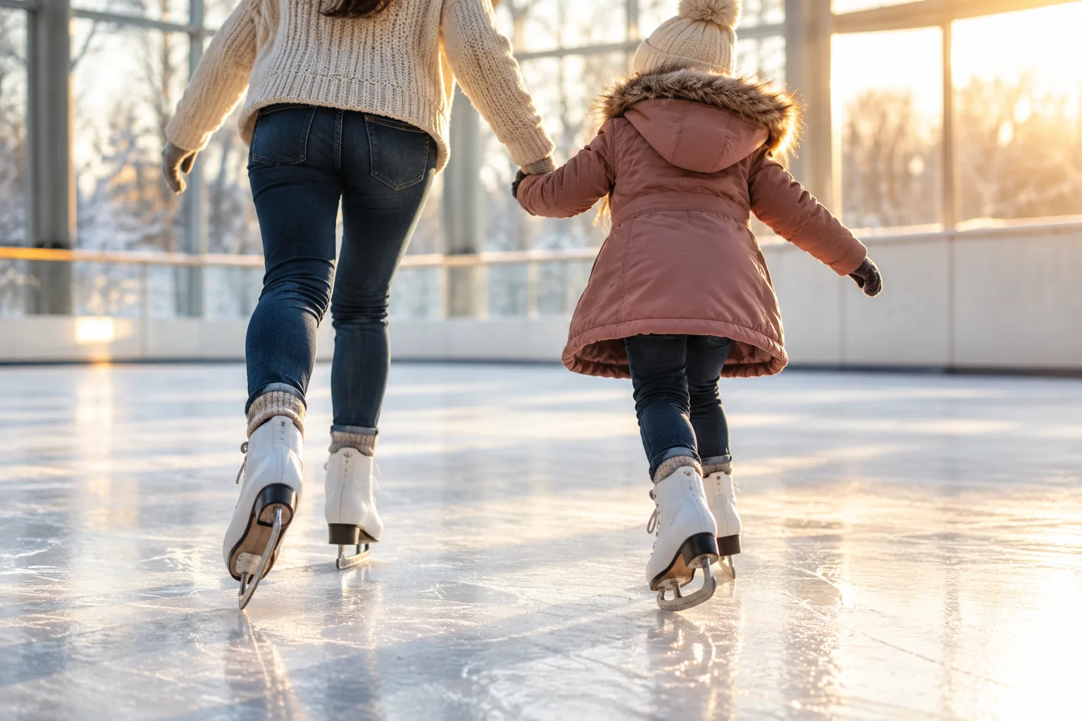 A lively indoor ice rink beside a sunlit atrium with visitors enjoying a warm winter afternoon.