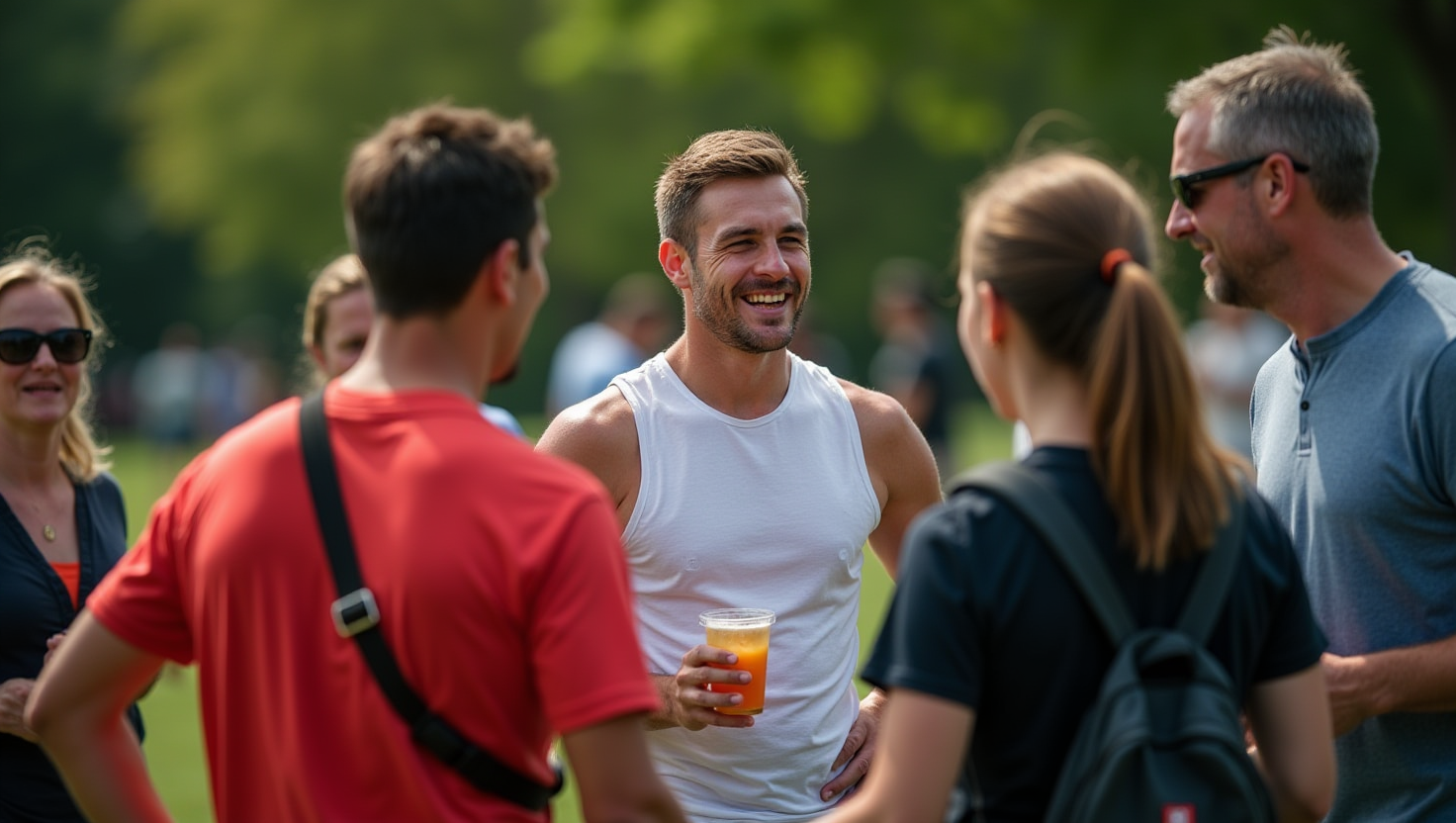 Single adults chat and laugh together after a recreational sports meetup at a Northern Virginia park.