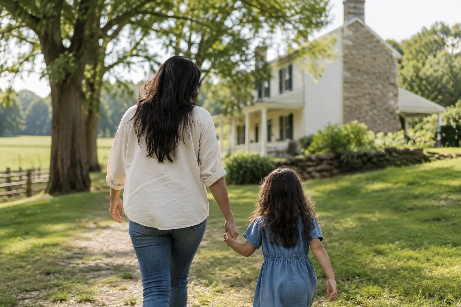 A preserved historic farmhouse surrounded by mature trees, walking paths, and open green fields.