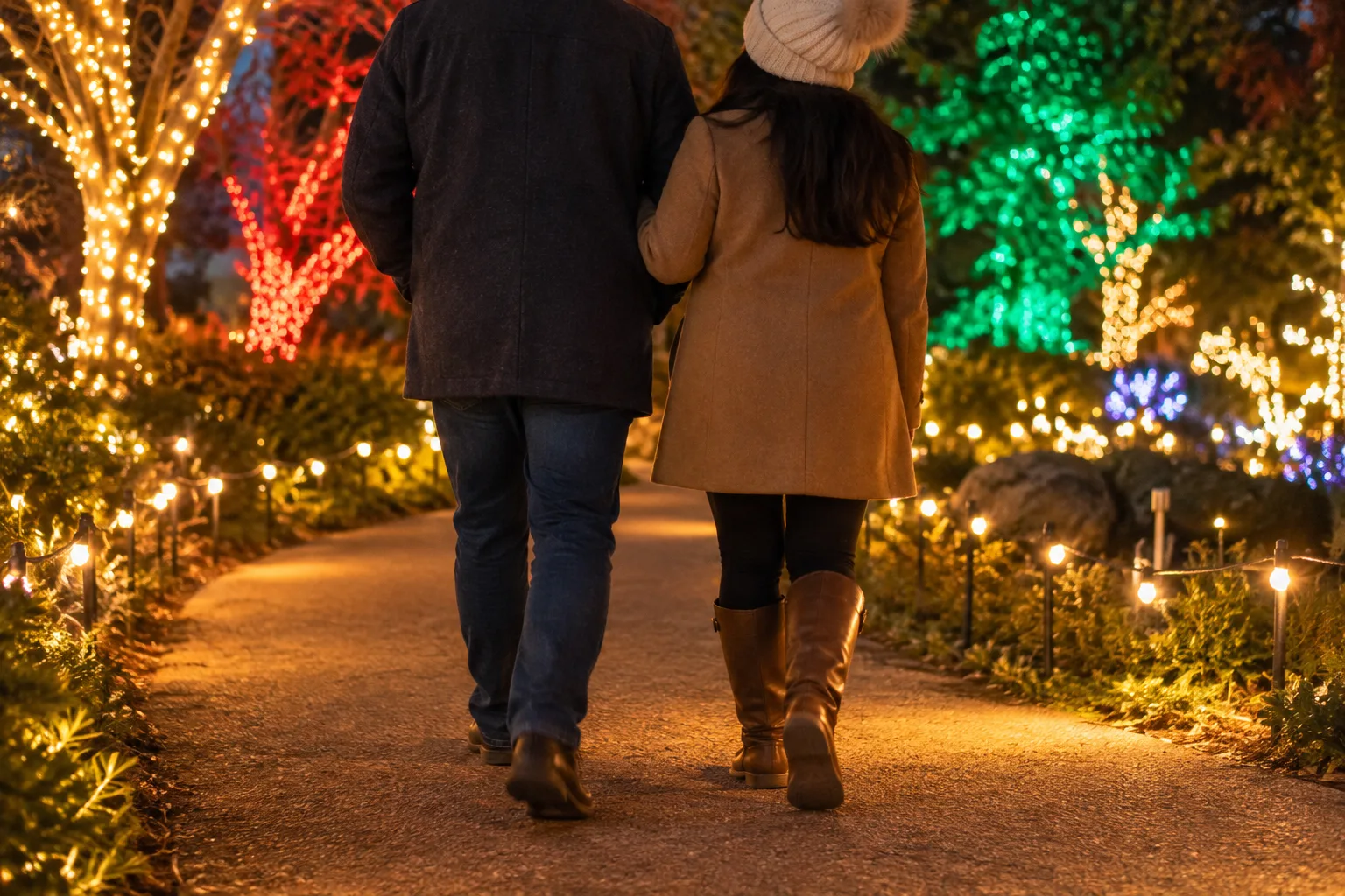Visitors stroll along garden paths surrounded by colorful holiday lights, glowing trees, and festive outdoor displays.
