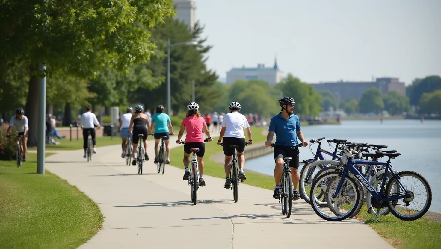 Cyclists ride a scenic waterfront trail beside Old Town, with rental bicycles and a repair stand nearby.