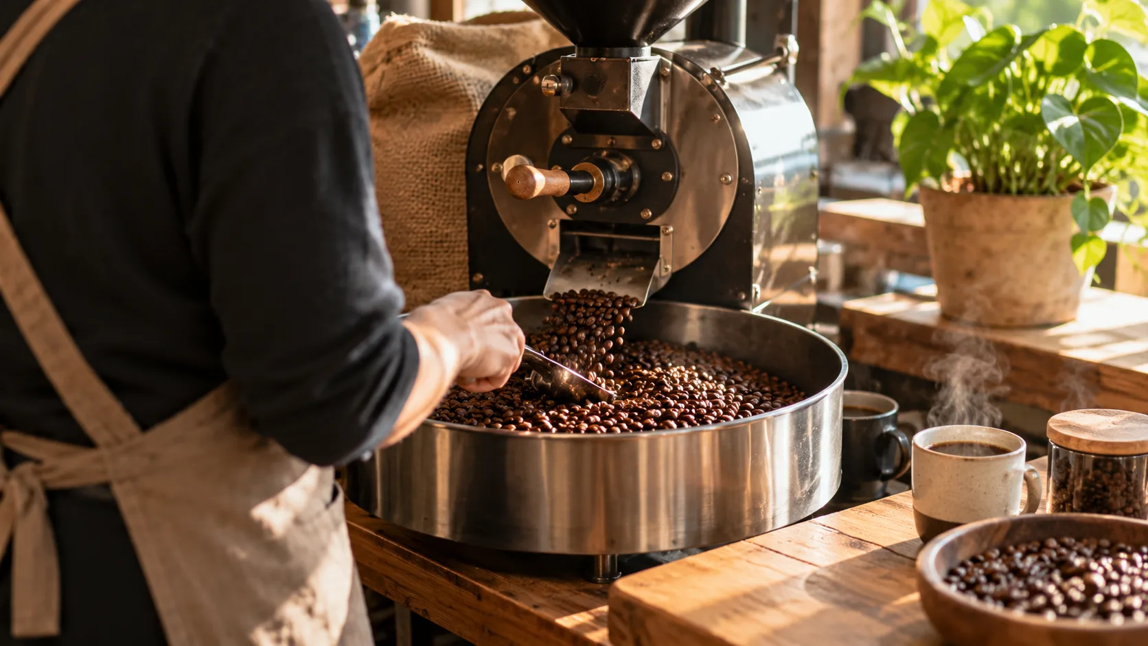 Freshly roasted coffee beans, a small-batch roasting machine, and steaming cups arranged in a cozy café workspace.