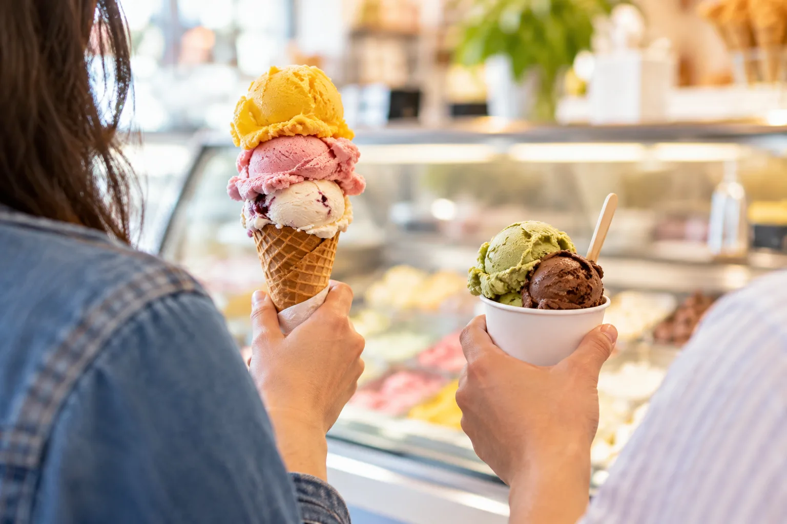 Colorful scoops of ice cream, gelato, and frozen custard served in cones and cups at a cheerful neighborhood shop.