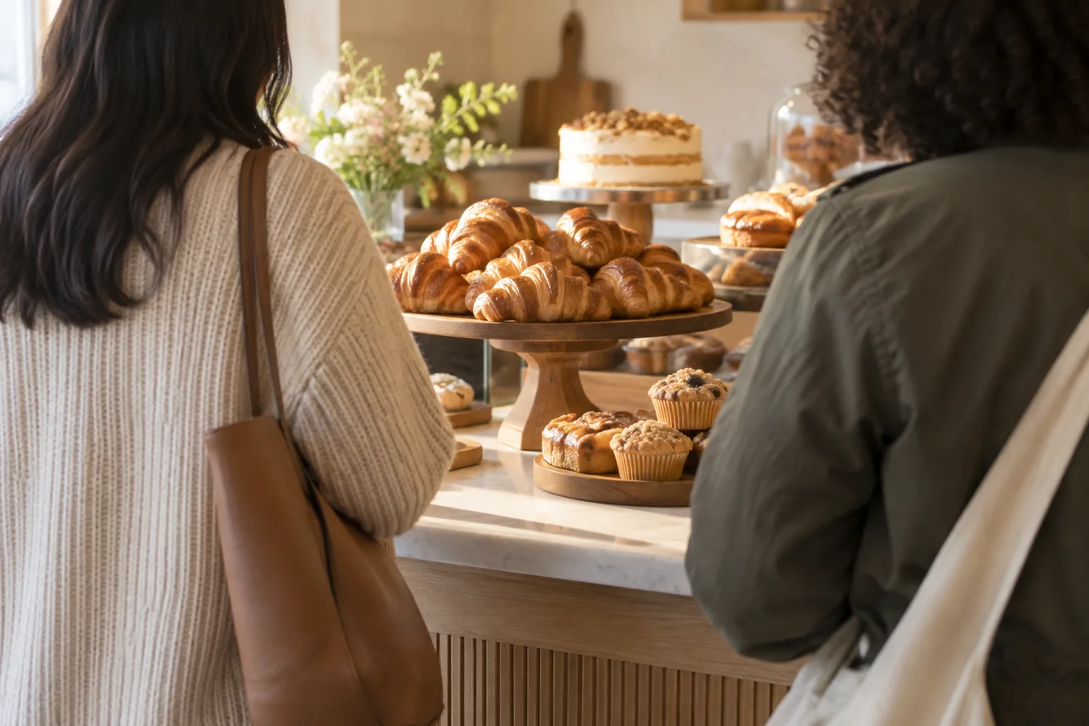 A cozy bakery counter displays croissants and cakes as customers wait in a morning line.