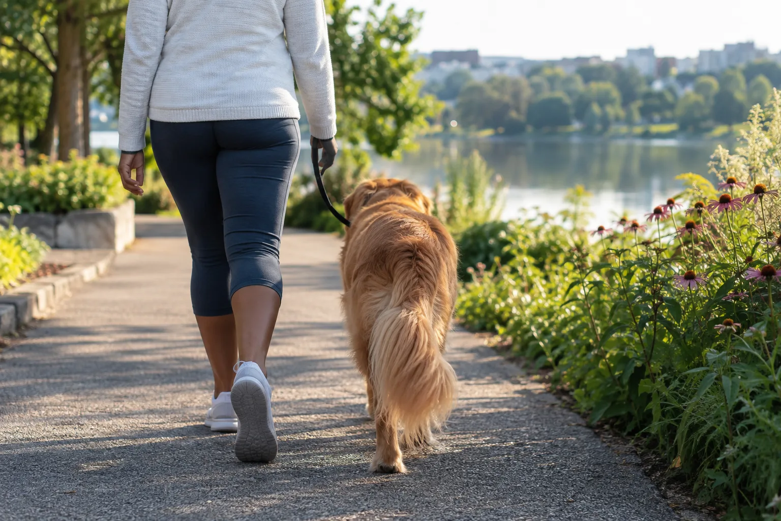A scenic Northern Virginia walking path winds past gardens, a quiet lake, and a lively urban streetscape.