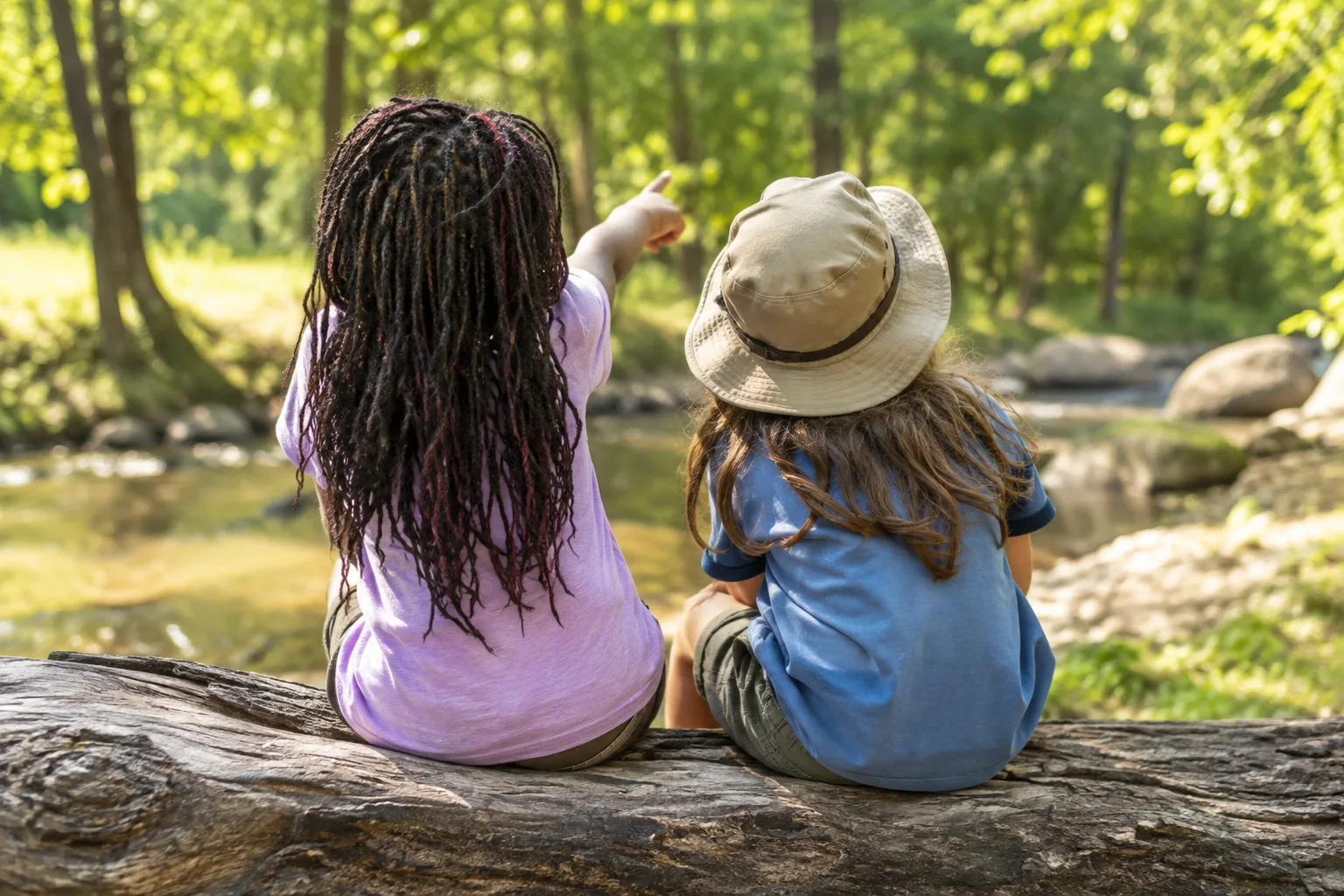 Children enjoy outdoor summer camp activities together on a sunny day in a wooded park.