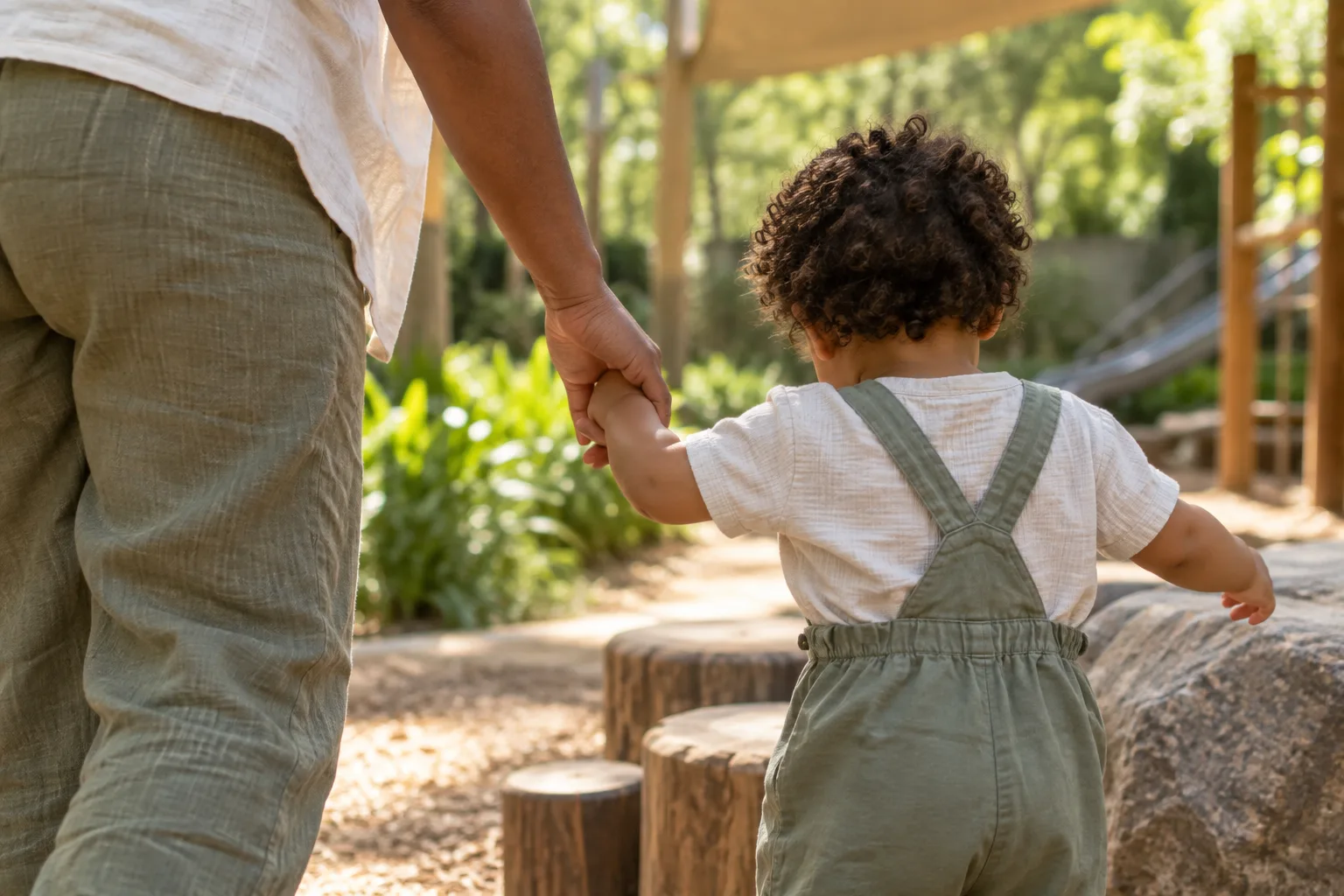 A toddler explores a shaded outdoor play area with a caregiver during a sunny afternoon.