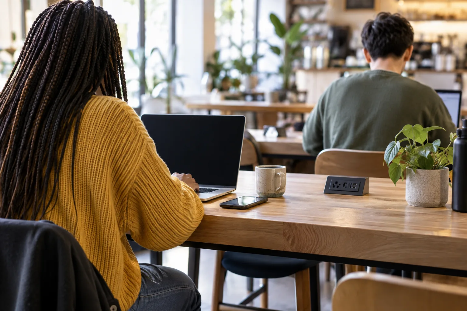 Bright cafe interior with communal tables, power outlets, laptops, and natural light for focused work.
