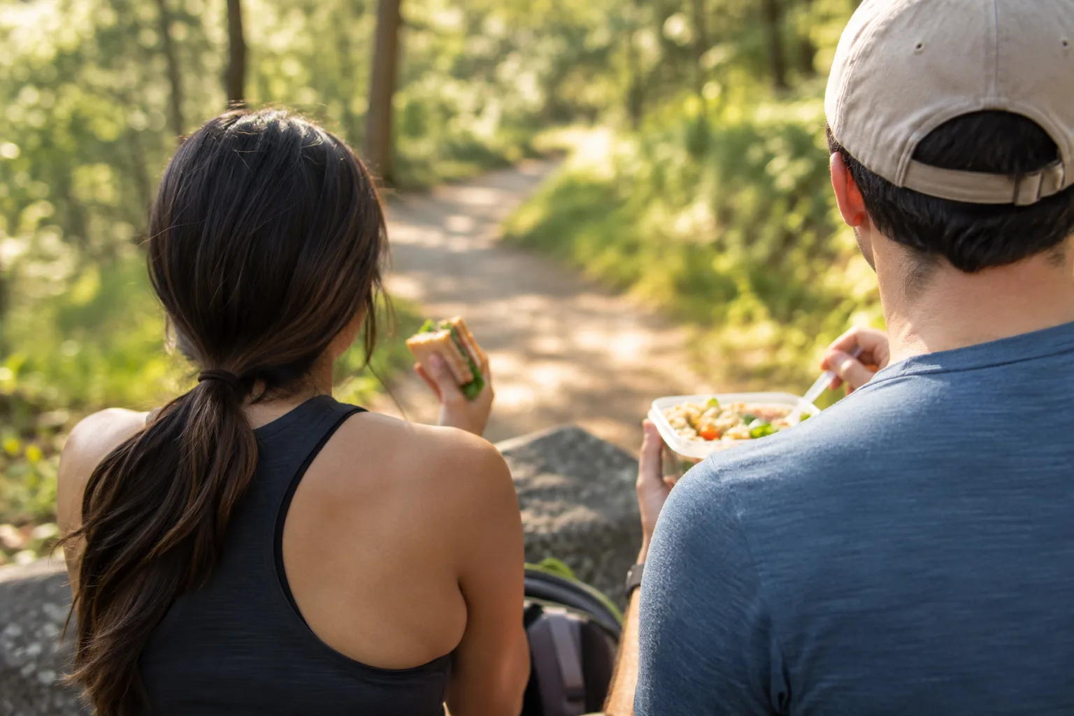 Visitors enjoy casual food outdoors beside a peaceful Northern Virginia trail on a sunny afternoon.