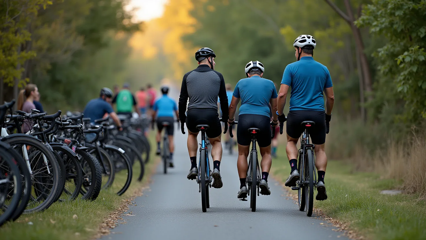 Cyclists browse bicycles and e-bikes while a mechanic tunes a bike beside a paved rail trail.