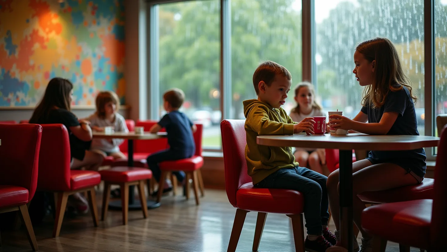 Children play in a colorful indoor café while rain streaks the windows outside.