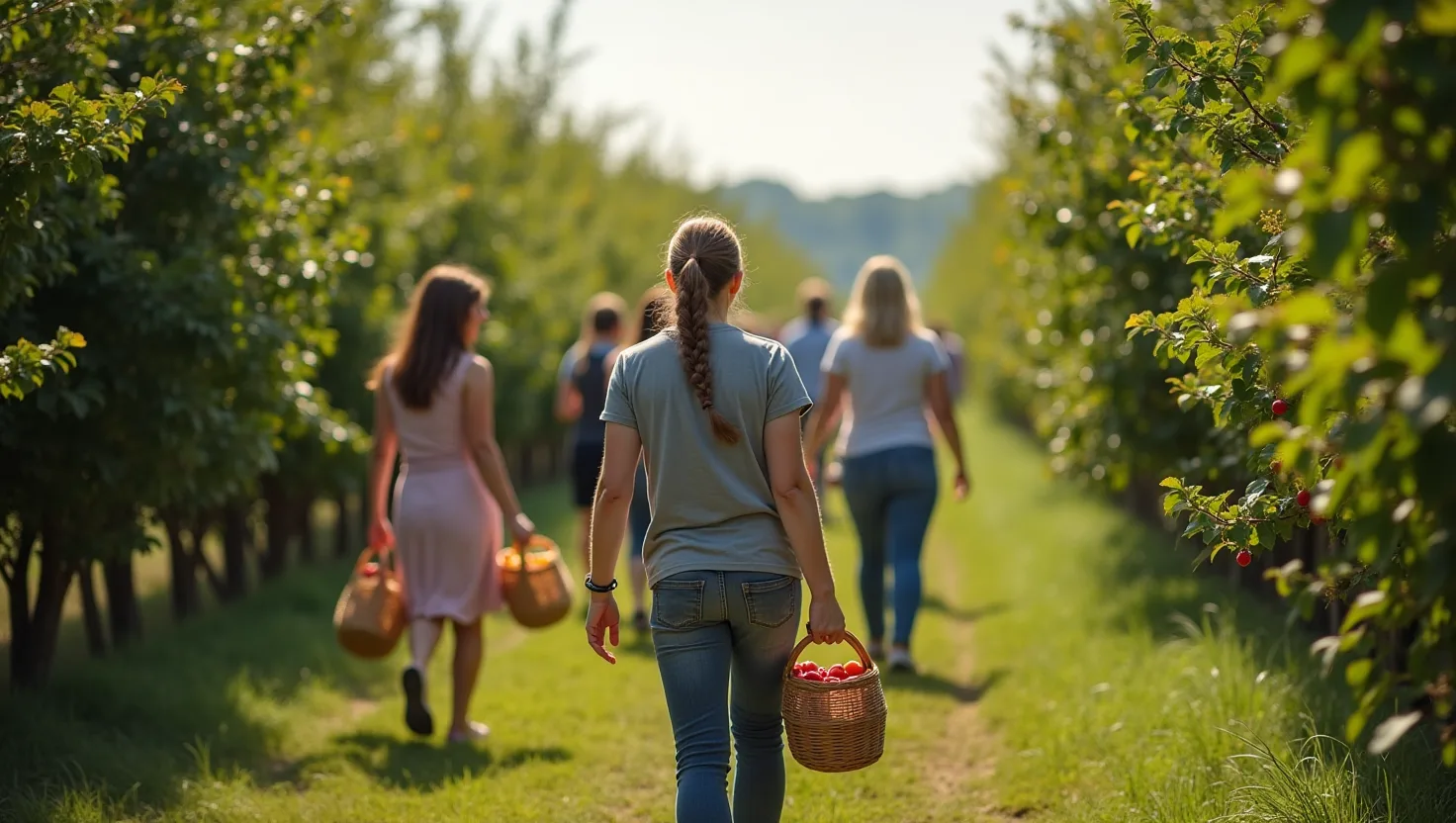 Visitors pick apples, peaches, and berries among sunny orchard rows with baskets and a farm stand nearby.