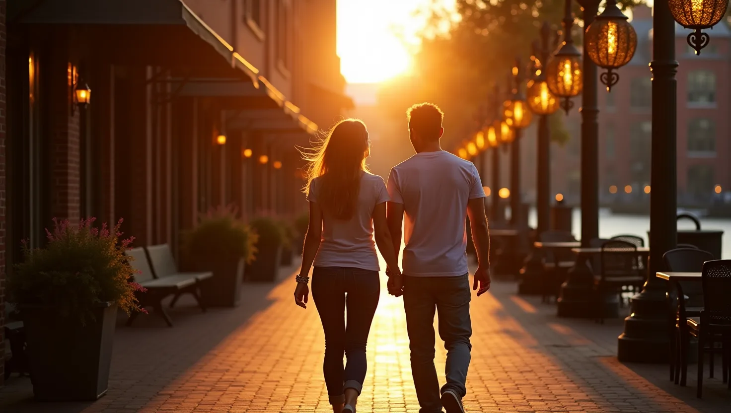 A couple strolls along a historic waterfront street at sunset, passing brick buildings and glowing patio lights.