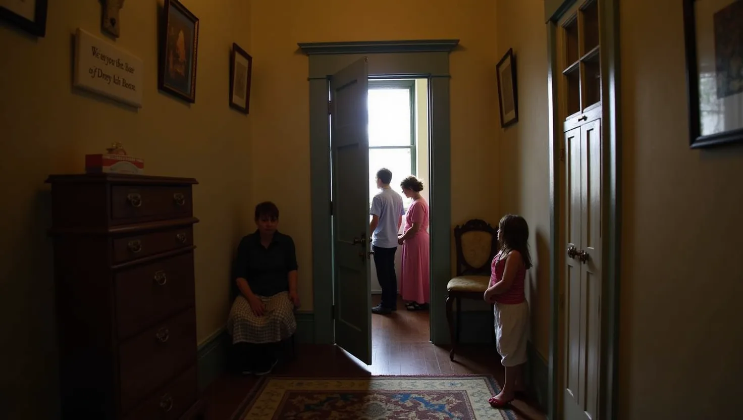A preserved old-town house museum with period furnishings, narrow rooms, and visitors exploring the interior.