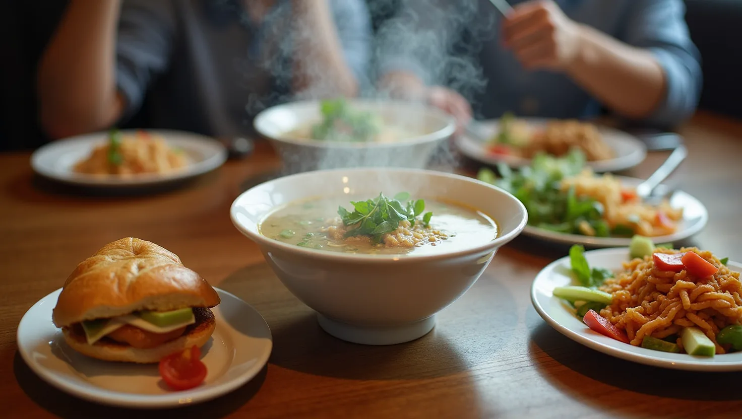 A steaming bowl of pho, a crisp banh mi, and Vietnamese dishes arranged on a bustling restaurant table.
