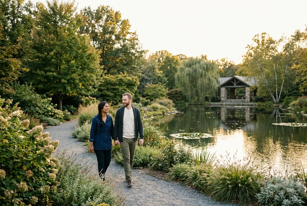 Couple walking through a botanical garden beside a pond at golden hour.