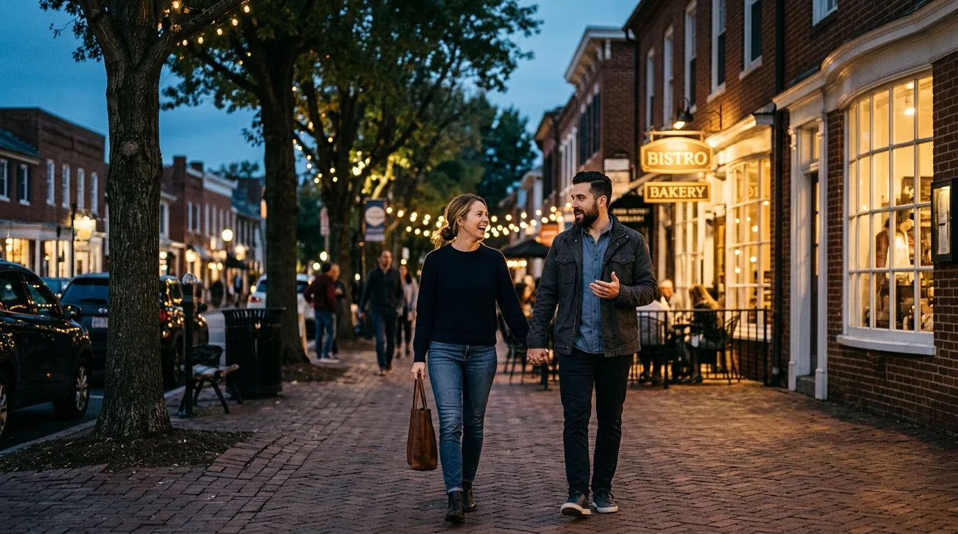 Couple walking toward restaurants on a warmly lit Northern Virginia evening.