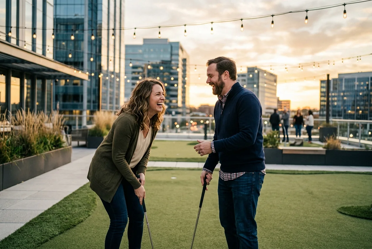 Couple playing rooftop miniature golf at sunset in Tysons.