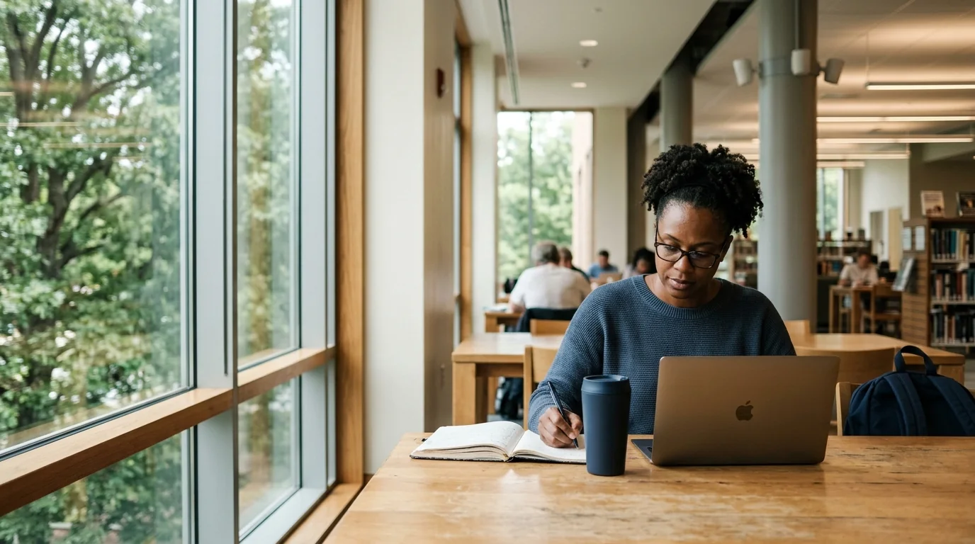 Laptop and notebook at a bright public library table beside large windows.