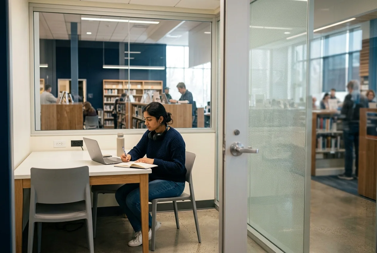 Small glass-walled library study room with a table, outlets and laptop.