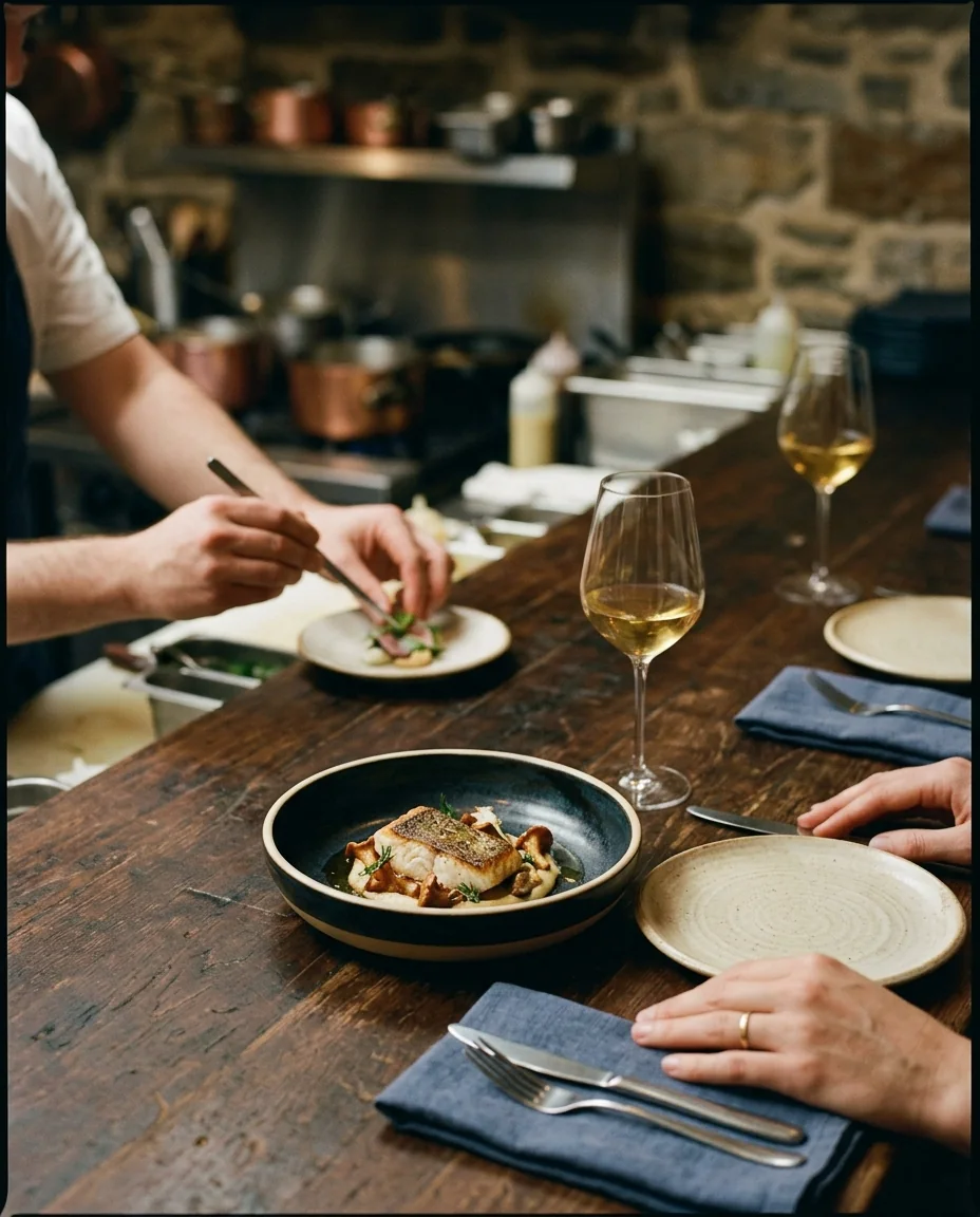 Two place settings at an intimate chef’s-counter tasting dinner.
