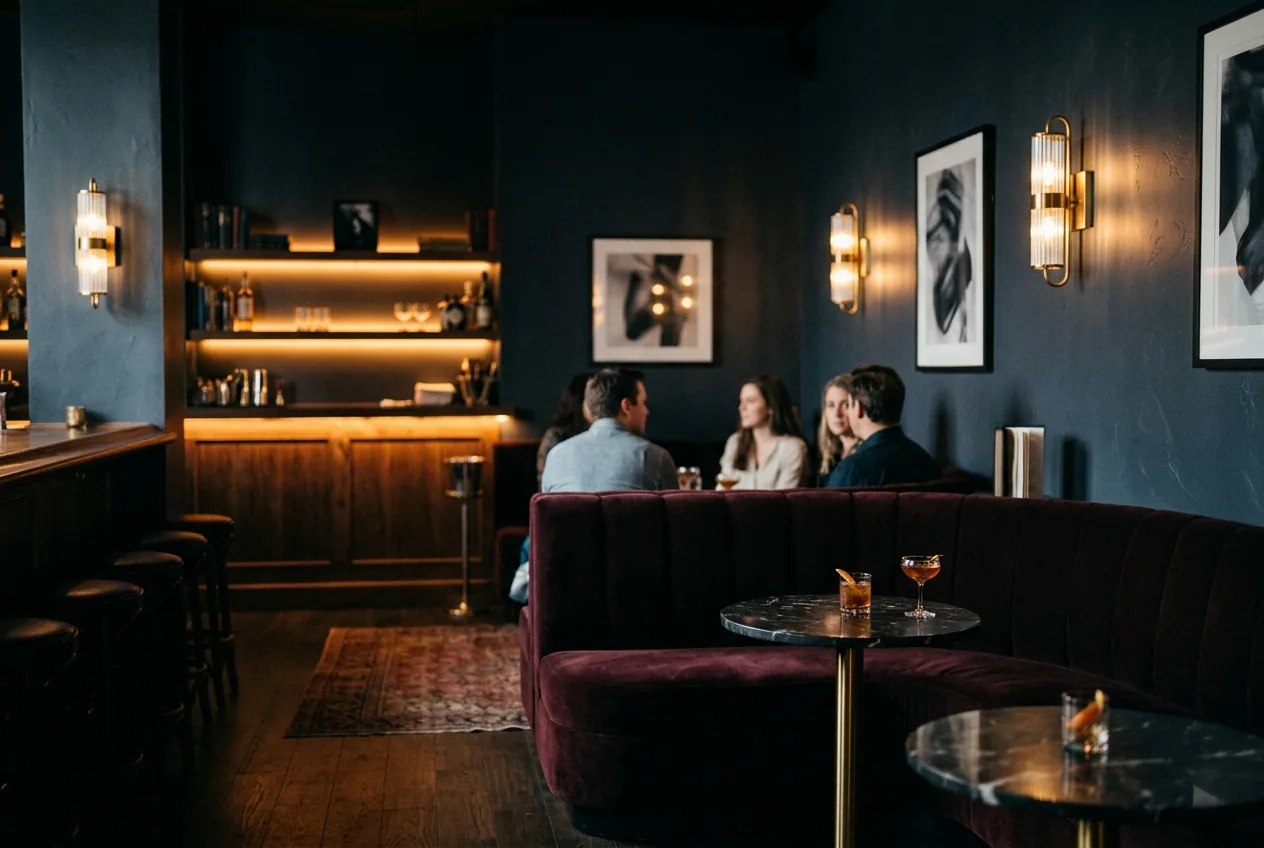 Intimate cocktail lounge with burgundy seating and warm brass lights.