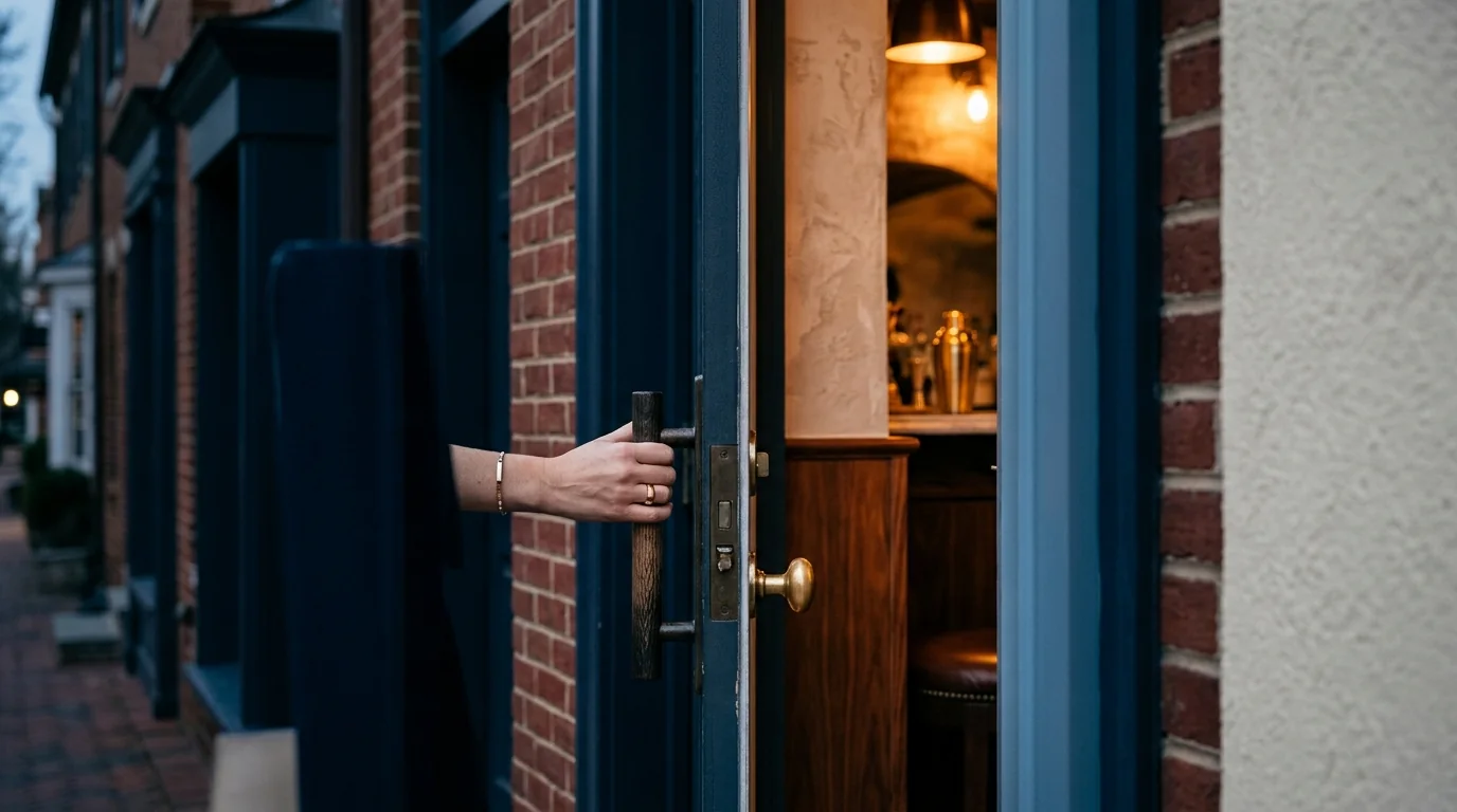 An unmarked door opening into a warmly lit hidden lounge.