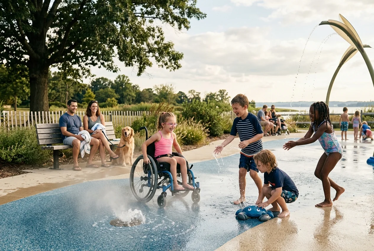 Children of different abilities playing together at an accessible themed sprayground.